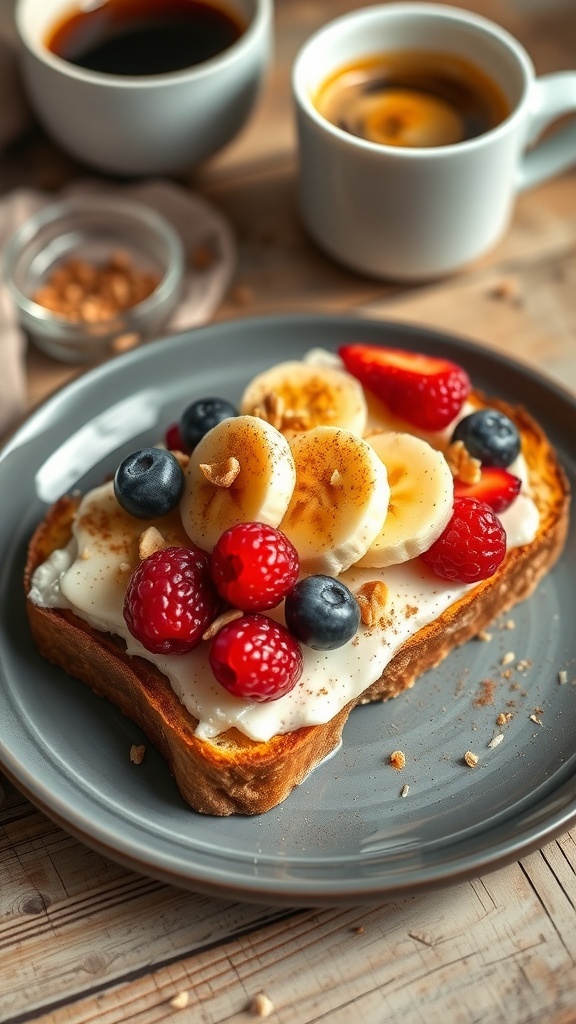 Merlin Toast with cream cheese, banana, mixed berries, and nuts on a wooden table.